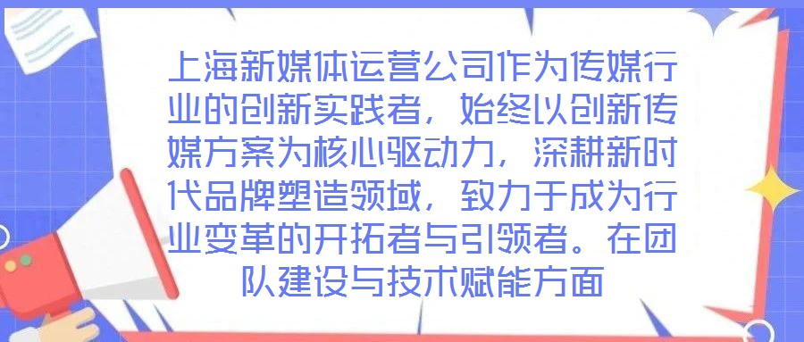 上海新媒體運(yùn)營(yíng)公司作為傳媒行業(yè)的創(chuàng)新實(shí)踐者，始終以創(chuàng)新傳媒方案為核心驅(qū)動(dòng)力，深耕新時(shí)代品牌塑造領(lǐng)域，致力于成為行業(yè)變革的開拓者與引領(lǐng)者。在團(tuán)隊(duì)建設(shè)與技術(shù)賦能方面