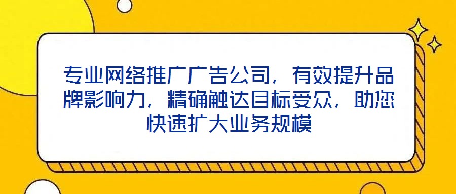 專業(yè)網(wǎng)絡(luò)推廣廣告公司，有效提升品牌影響力，精確觸達(dá)目標(biāo)受眾，助您快速擴(kuò)大業(yè)務(wù)規(guī)模